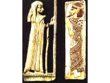 Canaanite lady on ivory from Megiddo, 13th or 12th century BC. (Oriental Institute, Chicago), Canaanite on glazed tile, Medinet Habu, 12th century BC. (Cairo Museum).